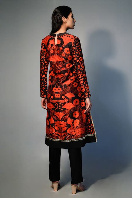 Shop Saksham & Neharicka Black Chanderi Floral, Gota Trim Round Print Kurta at Aza Fashions Shop_Saksham & Neharicka_Black Chanderi Floral, Gota Trim Round Print Kurta _at_Aza_Fashions