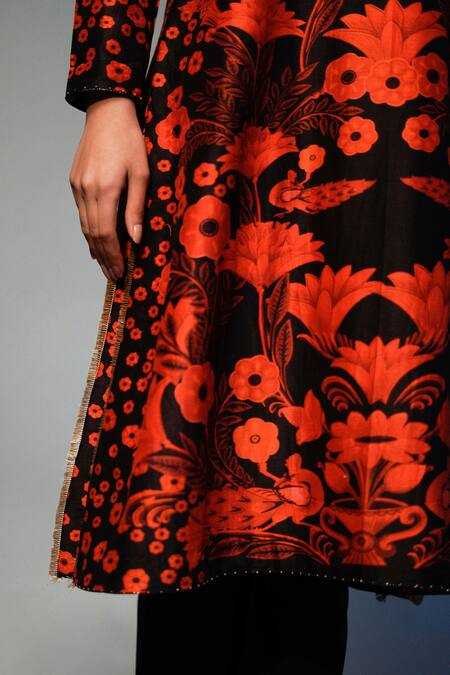 Shop Saksham & Neharicka Black Chanderi Floral, Gota Trim Round Print Kurta Online at Aza Fashions Shop_Saksham & Neharicka_Black Chanderi Floral, Gota Trim Round Print Kurta _Online_at_Aza_Fashions
