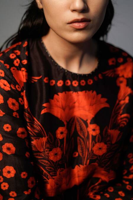 Saksham & Neharicka Black Chanderi Floral, Gota Trim Round Print Kurta at Aza Fashions Saksham & Neharicka_Black Chanderi Floral, Gota Trim Round Print Kurta _at_Aza_Fashions