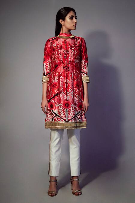Buy_Saksham & Neharicka_Red Chanderi Floral, Sequin Round Printed Kurta _Online_at_Aza_Fashions