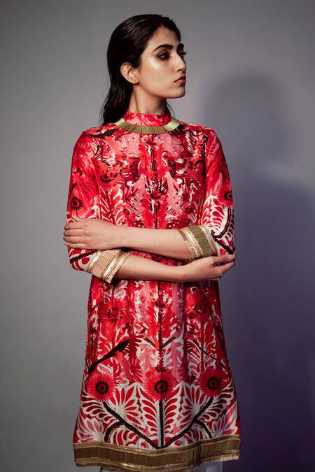 Shop_Saksham & Neharicka_Red Chanderi Floral, Sequin Round Printed Kurta _Online_at_Aza_Fashions
