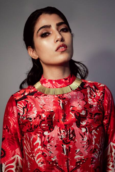 Saksham & Neharicka_Red Chanderi Floral, Sequin Round Printed Kurta _at_Aza_Fashions