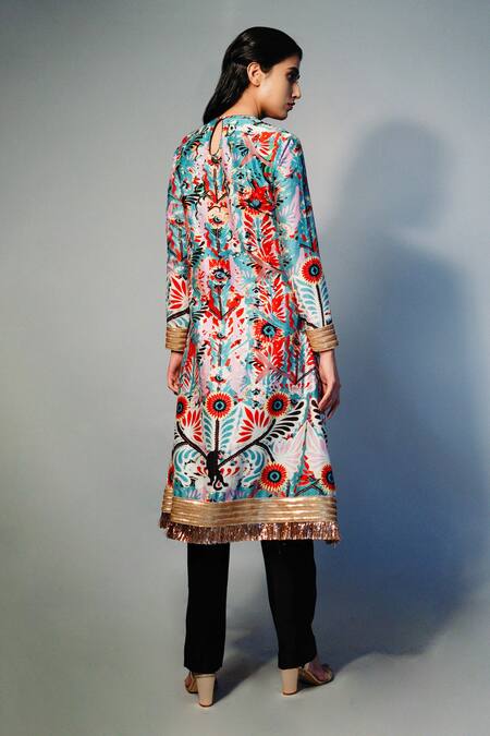 Shop Saksham & Neharicka Blue Chanderi Floral Round Printed Kurta at Aza Fashions Shop_Saksham & Neharicka_Blue Chanderi Floral Round Printed Kurta_at_Aza_Fashions