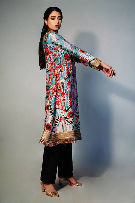 Saksham & Neharicka Blue Chanderi Floral Round Printed Kurta Online at Aza Fashions Saksham & Neharicka_Blue Chanderi Floral Round Printed Kurta_Online_at_Aza_Fashions