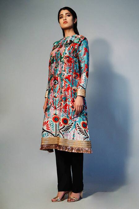 Buy Saksham & Neharicka Blue Chanderi Floral Round Printed Kurta Online at Aza Fashions Buy_Saksham & Neharicka_Blue Chanderi Floral Round Printed Kurta_Online_at_Aza_Fashions