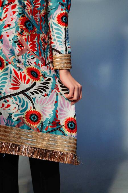 Shop Saksham & Neharicka Blue Chanderi Floral Round Printed Kurta Online at Aza Fashions Shop_Saksham & Neharicka_Blue Chanderi Floral Round Printed Kurta_Online_at_Aza_Fashions