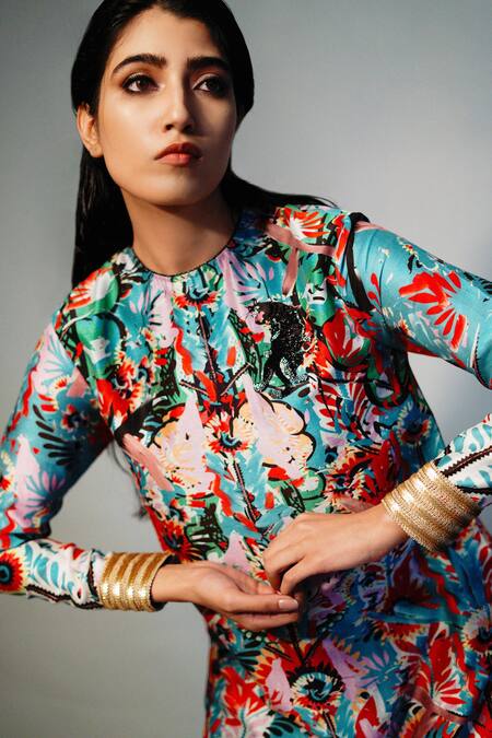 Saksham & Neharicka Blue Chanderi Floral Round Printed Kurta at Aza Fashions Saksham & Neharicka_Blue Chanderi Floral Round Printed Kurta_at_Aza_Fashions