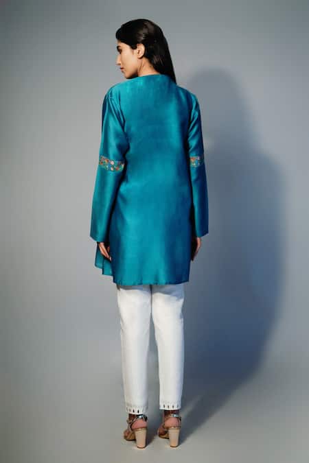 Shop Saksham & Neharicka Blue Chanderi Floral Mandarin Collar Printed Layered Kurta at Aza Fashions Shop_Saksham & Neharicka_Blue Chanderi Floral Mandarin Collar Printed Layered Kurta _at_Aza_Fashions