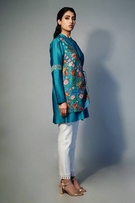 Saksham & Neharicka Blue Chanderi Floral Mandarin Collar Printed Layered Kurta Online at Aza Fashions Saksham & Neharicka_Blue Chanderi Floral Mandarin Collar Printed Layered Kurta _Online_at_Aza_Fashions