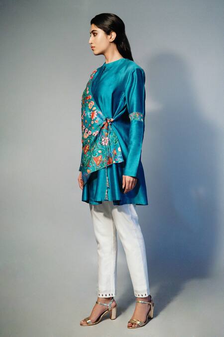 Buy Saksham & Neharicka Blue Chanderi Floral Mandarin Collar Printed Layered Kurta Online at Aza Fashions Buy_Saksham & Neharicka_Blue Chanderi Floral Mandarin Collar Printed Layered Kurta _Online_at_Aza_Fashions