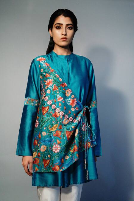 Shop Saksham & Neharicka Blue Chanderi Floral Mandarin Collar Printed Layered Kurta Online at Aza Fashions Shop_Saksham & Neharicka_Blue Chanderi Floral Mandarin Collar Printed Layered Kurta _Online_at_Aza_Fashions