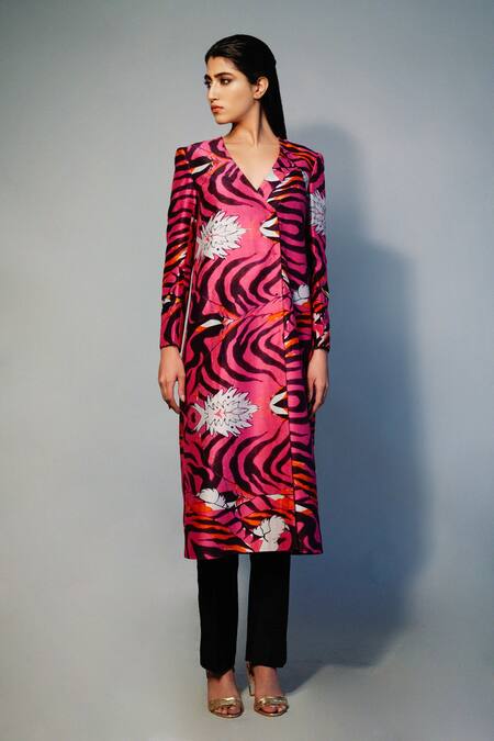 Buy_Saksham & Neharicka_Pink Chanderi Floral, Panther V Neck Printed Kurta_Online_at_Aza_Fashions