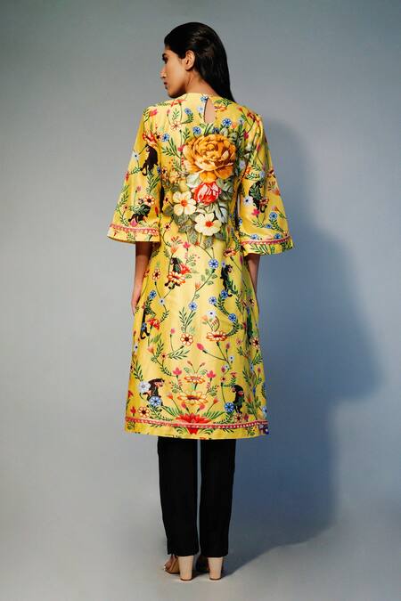 Shop Saksham & Neharicka Yellow Chanderi Floral Round Printed Kurta at Aza Fashions Shop_Saksham & Neharicka_Yellow Chanderi Floral Round Printed Kurta _at_Aza_Fashions