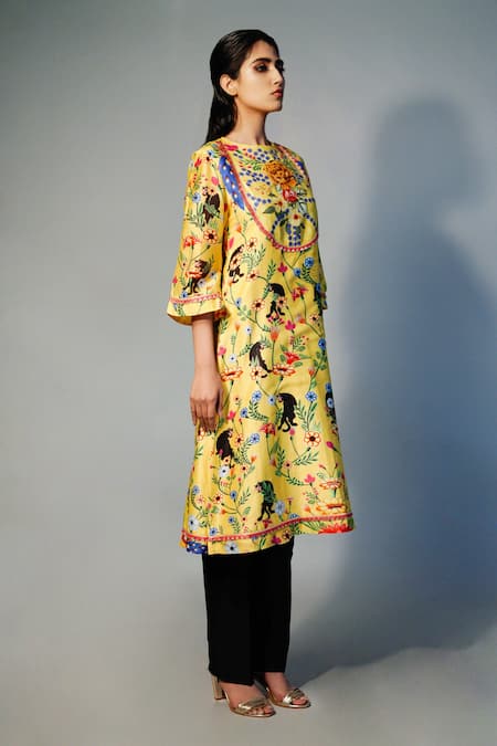 Saksham & Neharicka Yellow Chanderi Floral Round Printed Kurta Online at Aza Fashions Saksham & Neharicka_Yellow Chanderi Floral Round Printed Kurta _Online_at_Aza_Fashions