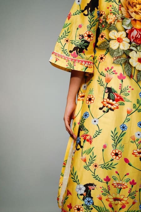 Shop Saksham & Neharicka Yellow Chanderi Floral Round Printed Kurta Online at Aza Fashions Shop_Saksham & Neharicka_Yellow Chanderi Floral Round Printed Kurta _Online_at_Aza_Fashions