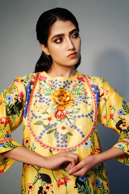 Saksham & Neharicka Yellow Chanderi Floral Round Printed Kurta at Aza Fashions Saksham & Neharicka_Yellow Chanderi Floral Round Printed Kurta _at_Aza_Fashions