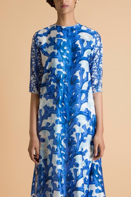 Shop Saksham & Neharicka Blue Round Chanderi Floral Print Kurta at Aza Fashions Shop_Saksham & Neharicka_Blue Round Chanderi Floral Print Kurta _at_Aza_Fashions