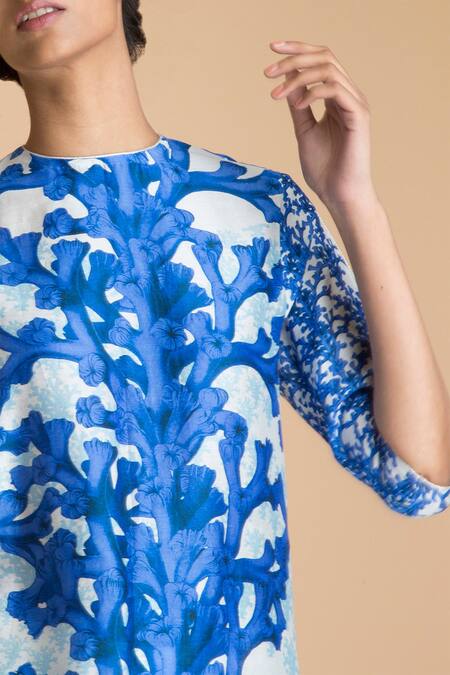Saksham & Neharicka Blue Round Chanderi Floral Print Kurta Online at Aza Fashions Saksham & Neharicka_Blue Round Chanderi Floral Print Kurta _Online_at_Aza_Fashions