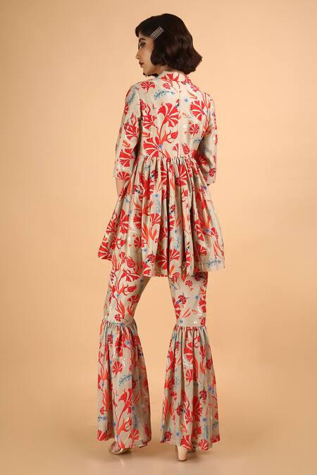 Shop Saksham & Neharicka Red Chanderi Notched Lapel Kurti Sharara Set at Aza Fashions Shop_Saksham & Neharicka_Red Chanderi Notched Lapel Kurti Sharara Set_at_Aza_Fashions