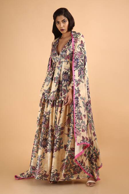 Saksham & Neharicka Beige Kurta And Palazzo Chanderidupatta Cotton Silk V Neck Chanderi With Online at Aza Fashions Saksham & Neharicka_Beige Kurta And Palazzo Chanderidupatta Cotton Silk V Neck Chanderi With_Online_at_Aza_Fashions