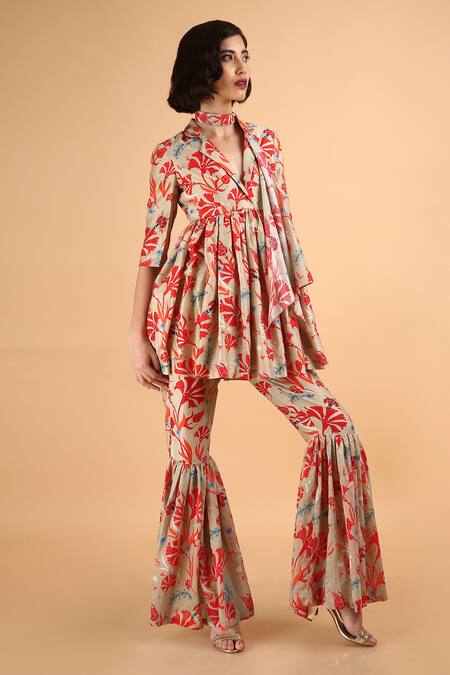 Saksham & Neharicka Red Chanderi Notched Lapel Kurti Sharara Set Online at Aza Fashions Saksham & Neharicka_Red Chanderi Notched Lapel Kurti Sharara Set_Online_at_Aza_Fashions