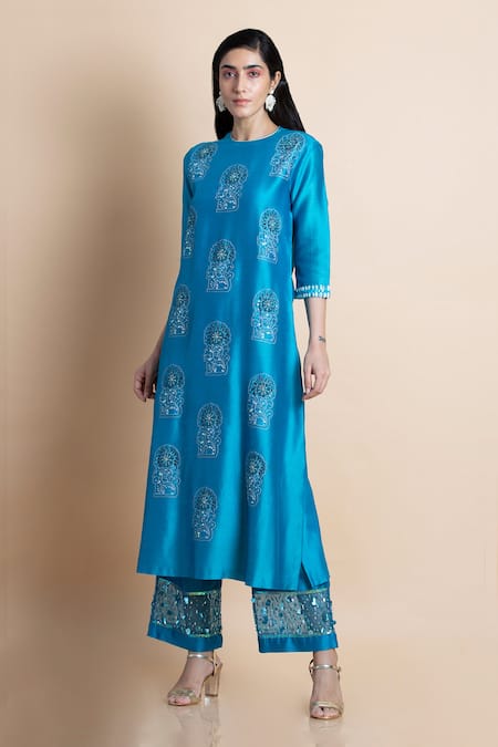 Saksham & Neharicka Blue Cotton Silk, Handwoven Chanderi Round Kurta Set 