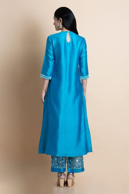 Shop Saksham & Neharicka Blue Cotton Silk, Handwoven Chanderi Round Kurta Set at Aza Fashions Shop_Saksham & Neharicka_Blue Cotton Silk, Handwoven Chanderi Round Kurta Set _at_Aza_Fashions