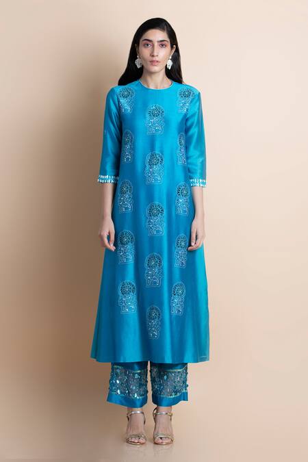 Saksham & Neharicka Blue Cotton Silk, Handwoven Chanderi Round Kurta Set Online at Aza Fashions Saksham & Neharicka_Blue Cotton Silk, Handwoven Chanderi Round Kurta Set _Online_at_Aza_Fashions
