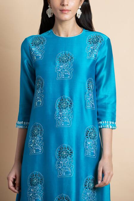 Buy Saksham & Neharicka Blue Cotton Silk, Handwoven Chanderi Round Kurta Set Online at Aza Fashions Buy_Saksham & Neharicka_Blue Cotton Silk, Handwoven Chanderi Round Kurta Set _Online_at_Aza_Fashions
