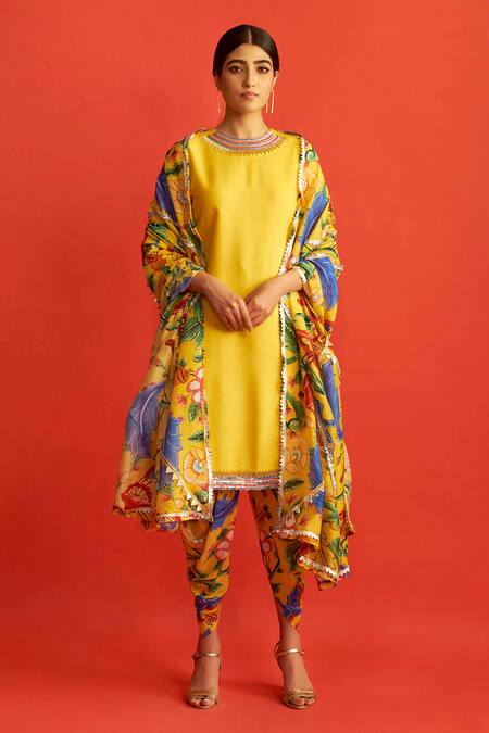 Buy_Saksham & Neharicka_Yellow Cotton , Handwoven Round Kurta Set_Online_at_Aza_Fashions