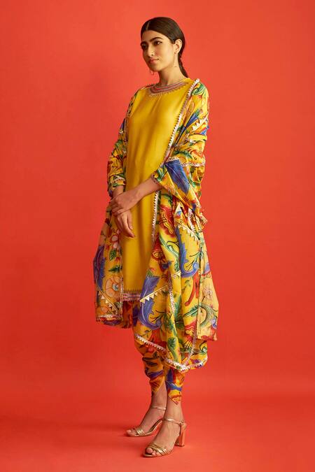 Saksham & Neharicka_Yellow Cotton , Handwoven Round Kurta Set_Online_at_Aza_Fashions
