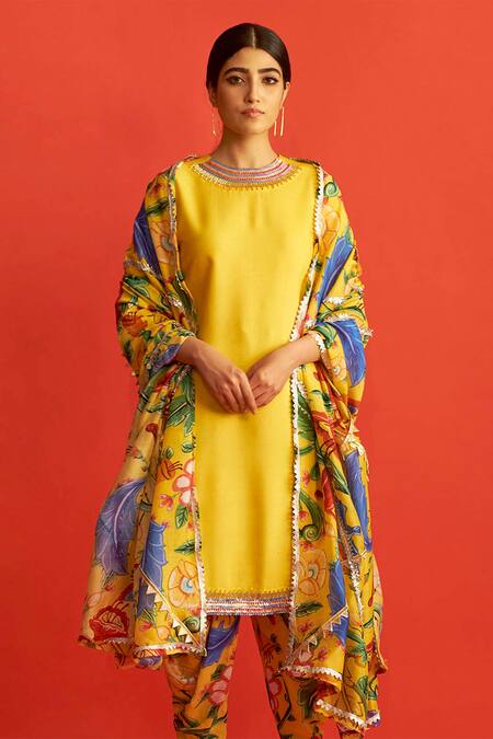 Shop_Saksham & Neharicka_Yellow Cotton , Handwoven Round Kurta Set_Online_at_Aza_Fashions