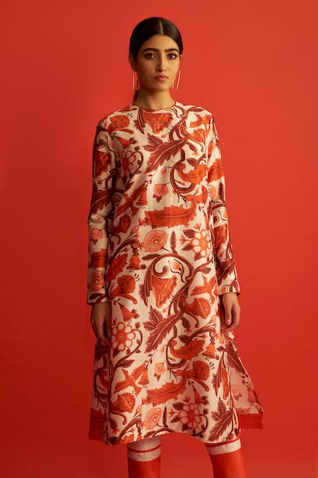 Saksham & Neharicka White Chanderi Cotton Silk Round Printed Kurta 