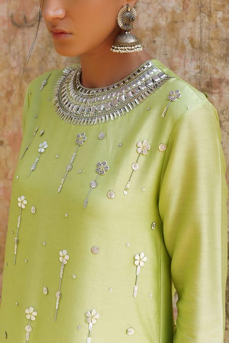 Saksham & Neharicka_Green Net, Chanderi Round Embroidered Kurta Set _Online_at_Aza_Fashions