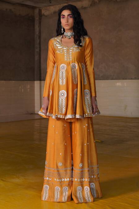 Buy_Saksham & Neharicka_Yellow Net, Chanderi Leaf Neck Embroidered Anarkali Set _Online_at_Aza_Fashions