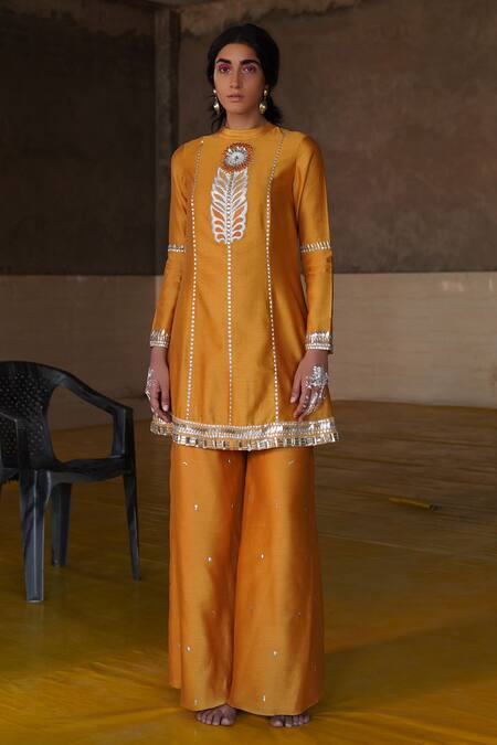 Saksham & Neharicka_Yellow Net, Chanderi Round Embroidered Palazzo Set _Online_at_Aza_Fashions