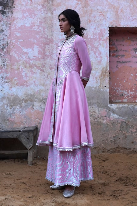 Saksham & Neharicka_Pink Chanderi Round Embroidered Anarkali And Skirt Set _Online_at_Aza_Fashions