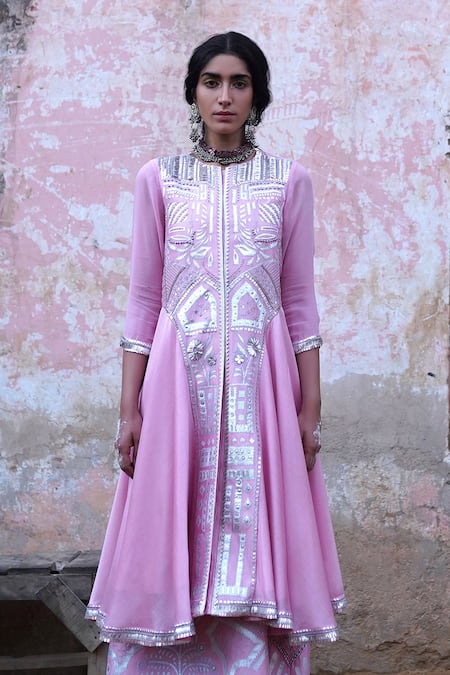 Buy Saksham & Neharicka Pink Chanderi Round Embroidered Anarkali And Skirt Set Online at Aza Fashions Buy_Saksham & Neharicka_Pink Chanderi Round Embroidered Anarkali And Skirt Set _Online_at_Aza_Fashions