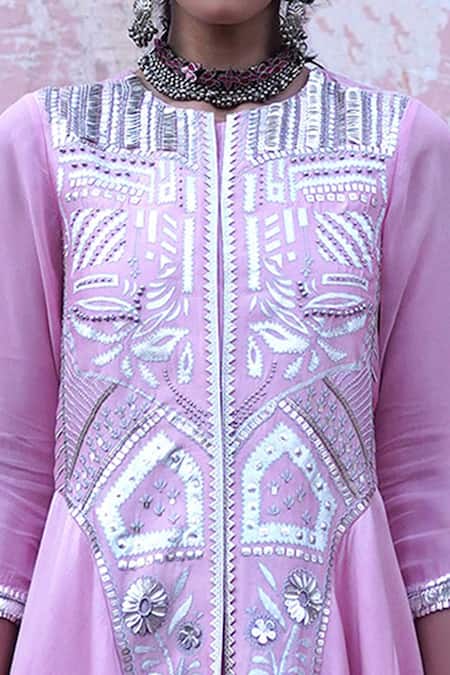 Saksham & Neharicka Pink Chanderi Round Embroidered Anarkali And Skirt Set at Aza Fashions Saksham & Neharicka_Pink Chanderi Round Embroidered Anarkali And Skirt Set _at_Aza_Fashions