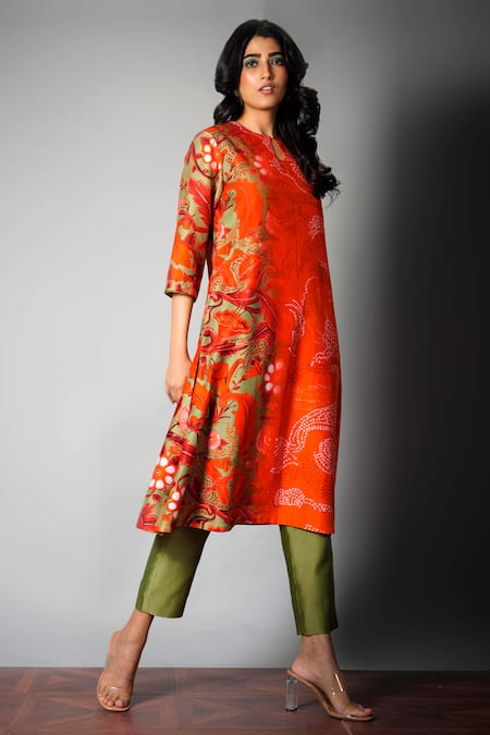 Saksham & Neharicka_Red Chanderi Round Printed Kurta And Pant Set _Online_at_Aza_Fashions