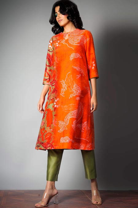 Shop_Saksham & Neharicka_Red Chanderi Round Printed Kurta And Pant Set _Online_at_Aza_Fashions