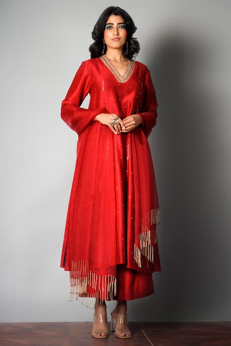 Saksham Neharicka Red Chanderi Embroidery V Neck Kurta Set 