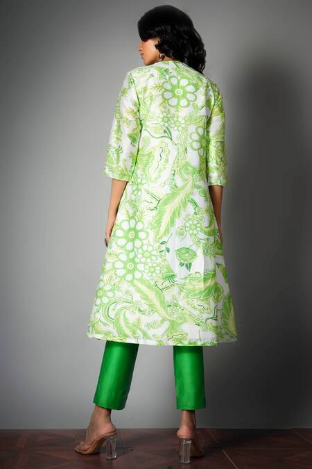 Shop Saksham & Neharicka Green Chanderi Round Printed Kurta Set at Aza Fashions Shop_Saksham & Neharicka_Green Chanderi Round Printed Kurta Set_at_Aza_Fashions