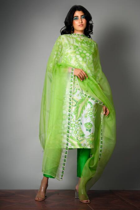 Saksham & Neharicka Green Chanderi Round Printed Kurta Set Online at Aza Fashions Saksham & Neharicka_Green Chanderi Round Printed Kurta Set_Online_at_Aza_Fashions