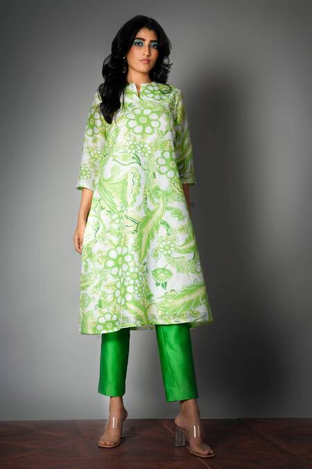 Buy Saksham & Neharicka Green Chanderi Round Printed Kurta Set Online at Aza Fashions Buy_Saksham & Neharicka_Green Chanderi Round Printed Kurta Set_Online_at_Aza_Fashions