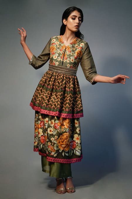 Saksham & Neharicka Green Chanderi Floral, Sequin V Neck Tiered Printed Kurta And Palazzo Set 