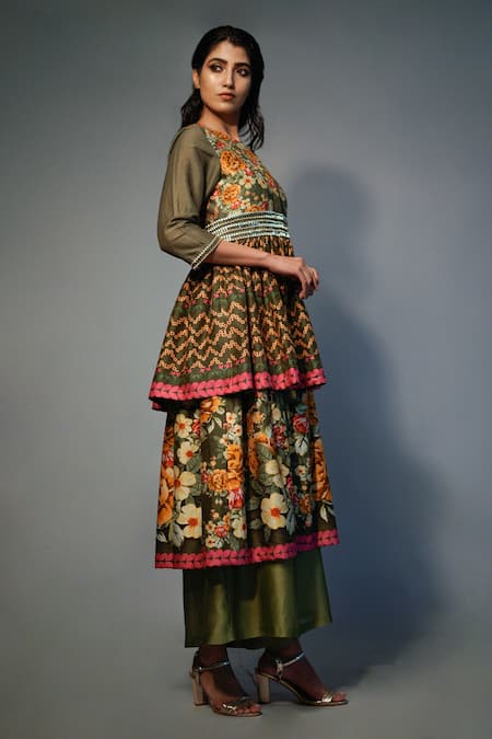 Saksham & Neharicka_Green Chanderi Floral, Sequin V Neck Tiered Printed Kurta And Palazzo Set_Online_at_Aza_Fashions