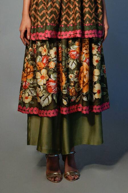 Shop_Saksham & Neharicka_Green Chanderi Floral, Sequin V Neck Tiered Printed Kurta And Palazzo Set_Online_at_Aza_Fashions