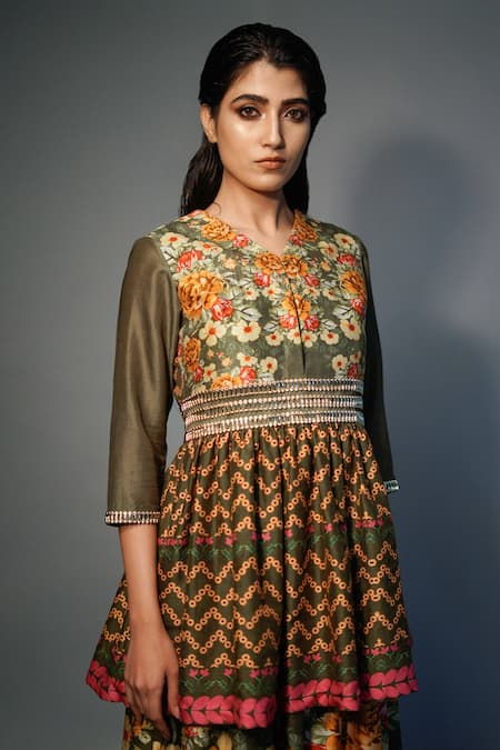 Saksham & Neharicka_Green Chanderi Floral, Sequin V Neck Tiered Printed Kurta And Palazzo Set_at_Aza_Fashions