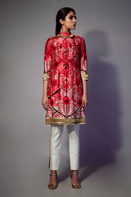 Buy_Saksham & Neharicka_Red Chanderi Floral, Sequin Round Printed Kurta And Pant Set_Online_at_Aza_Fashions
